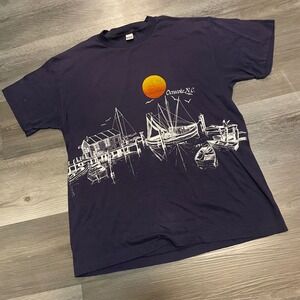 Vintage PAC Ocracoke NC Sunset Sailboat Graphic T-Shirt Mens XL Navy Blue USA